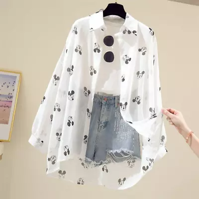 Women's Mickey Mouse Print Long Sleeve Tops Loose Fit White Blouse Casual Shirt • $15.98