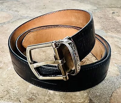 Montblanc BLACK Crocodile Embossed Leather Belt Silver Buckle Size 31 Adjustable • $112