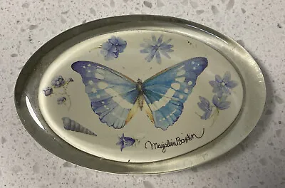 Marjolein Bastin Glass Paperweight  Oval Blue Butterfly Hallmark • $12.88