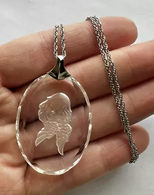 Vintage Glass Reverse Intaglio Cameo Angel Cherub Wings Silver Pendant Necklace • $39.99