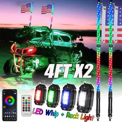 Bluetooth Pair 4ft RGB Spiral LED Whip Lights + Pods RGB Rock Lights ATV UTV RZR • $99.99