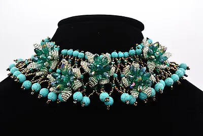 Vintage Choker Necklace Crystal Beaded Faux Turquoise Chunky Thick Shiny Bin3D • $39.96