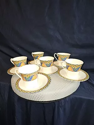 MIKASA Ultima Sao Paulo 6 Coffee/Tea Cup & Saucers Lot Mosaic Floral Design. • $100