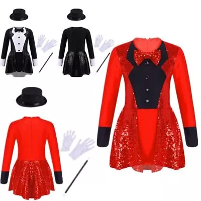 Kids Girls Magician Costume Outfit Leotard Dress With Hat Magic Wand Gloves Set • $6.43