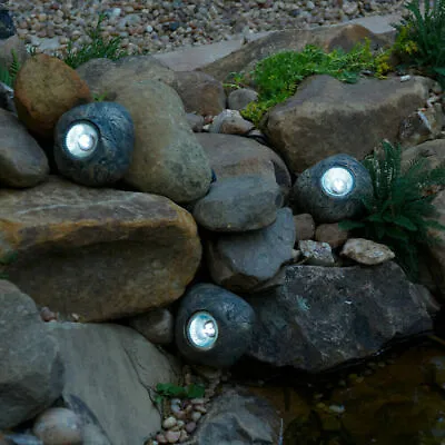 4x Rock Effect Solar Spotlight 3L Garden Decorative Stone Pathway Lawn Lights • £19.99