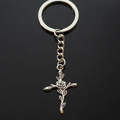 $5.88 • Buy Flower Branch Leafs Rose Cross Blossom Christian Keychain Gift Key Chain Ring