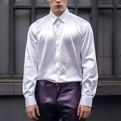 Men Shiny Shirt Wedding Party Shirts Silk Satin Casual Slim Fit Business Shirt • £11.99