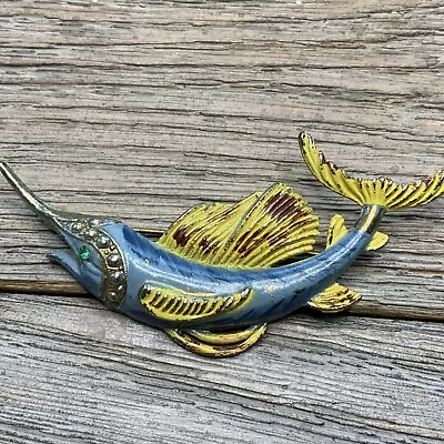 Vtg Goldtone Sailfish Marlin Enameled Brooch Rhinestone Eye Beachy! • $20