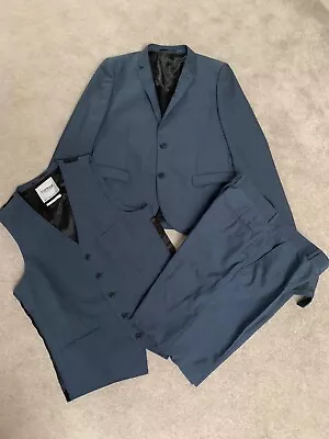 Topman Skinny Blue Wool Blend 3 Piece Suit - Jacket & Waistcoat 42 Trousers 36R • £10