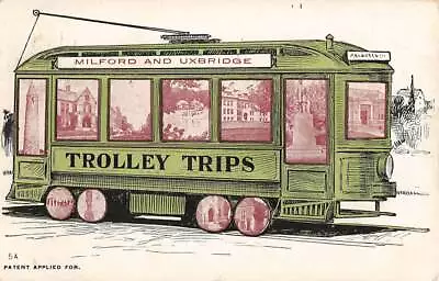 MILFORD MA & UXBRIDGE MA ARTISTIC GREEN TROLLEY IMAGE & TOWN VIEWS Used 1907 • $12