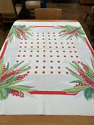 Vintage Cotton Tablecloth 50 X 50” Green/Red Floral • $22.95