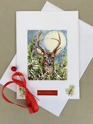 £9.99 • Buy Original Watercolour Painted Christmas Card Of Stag In Snow.