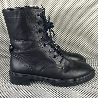 Zara Combat Boots Womens Size 37 Black Lace Up Military Zipper Casual • $34.99