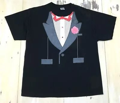 TUXEDO T-SHIRT - Vtg 80s Black LA Imprints T-Shirt Jewel Buttons Adult Mens XL • $20