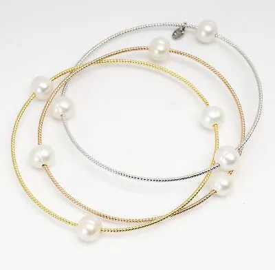 Tri Tone QVC Honora Cultured Pearl Rolling Bangles Sterling Silver Bracelet • £62.63