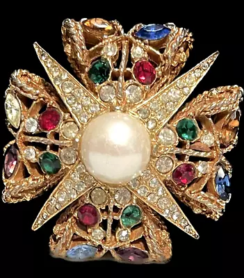 Maltese Cross Brooch Gilt Jeweled Rhinestone Pearl 2-1/4  Statement Pin A53 • $128