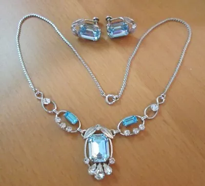 Vintage Van Dell Sterling Aqua Blue Rhinestone Necklace & Matching Earrings • $79