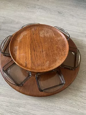 £50 • Buy Vintage 1964 DIGSMED Danish Wooden Rotating Lazy Susan 35cm With Glass Dishes