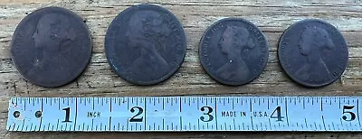 4 Antique British Coins One Penny 1862 1863 + 2 Half Penny 1863 1867 Victoria • $9.99
