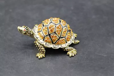 Bejeweled Enamel & Metal Turtle Shaped Trinket Box With Rhinestones • $21