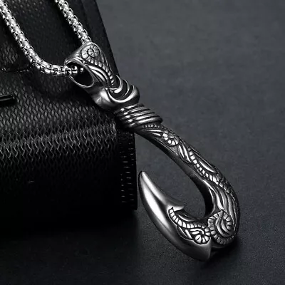 Biker Necklace For Men Stainless Steel Viking Hawaiian Fish Hook Pendant Chain • $9.99