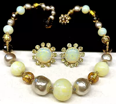 Miriam Haskell Signed Set Rare 1950's Gilt Yellow Glass Necklace Earrings A34 • $375