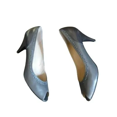 Bruno Magli Size 9AA Narrow Designer Gray Leather Peep Toe Heels Pumps Shoes • $19.98