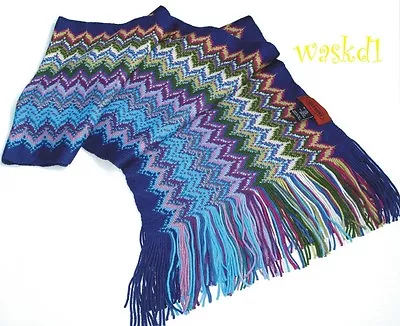 MISSONI Blue SHARKTOOTH Wool/acrylic Blend Long FRINGED Scarf IN BOX Authentic! • $99.99