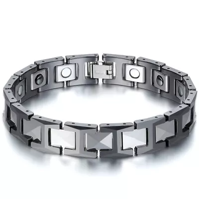 Mens 12MM White Ceramic Black Tungsten Link Bracelet Magnetic Hematite Cuff 8.3  • $18.99