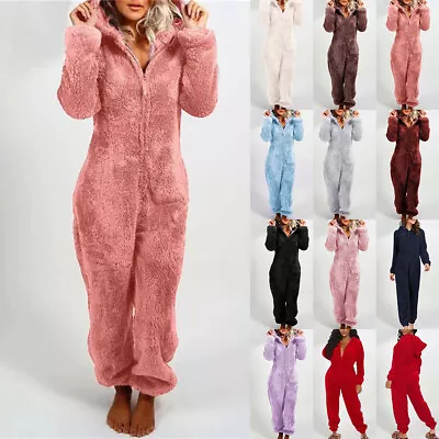 Winter Womens Warm Fluffy Fur Fleece Hooded All In One Zip Jumpsuit 1Onesie PJs • $86.19