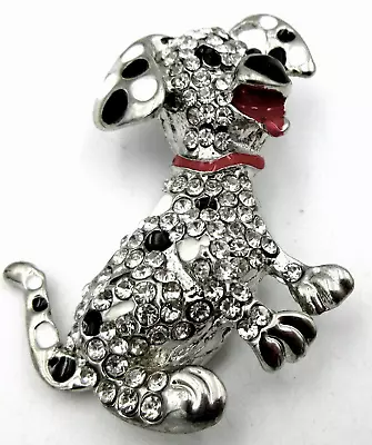 VTG Big Large DALMATION DOG Brooch Pin Silver Tone CLEAR CRYSTAL Red Black White • $12.99