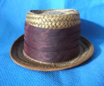 Vtg Mens Size Small Straw Fedora Hat Purple Iridescent Fabric Wide Band Coconut • $22