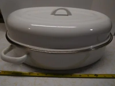 Vintage White Porcelain LG 15 Inch Oval Roasting Pan & Lid Stainless Steel Edges • $75