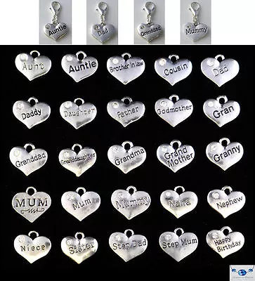 Heart Shaped Clip On Charm For Bracelets Bags Tibetan Silver Double Sided Mum • £2.45