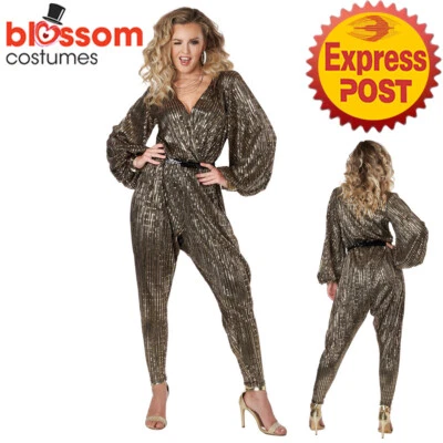 CA1527 Gold Disco Queen Dance Jumpsuit Retro Hippie Groovy Dress Up 70s Costume • £50.22