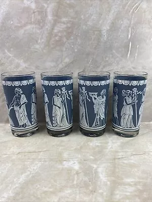 Vintage Blue Greek Roman Hellenic Glass Tumblers Jeannette Glass Set Of 4 • $24.99