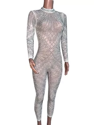 Sexy White Angel Studded Stones Jumpsuit Catsuit New Costume Club Semi-sheer • $32.90