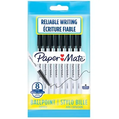 8 Paper Mate Medium Black Capped Ballpoint Pens For School Office Home Brand New • £3.94