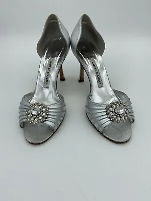 Manolo Blahnik D’Orsay Wedding Silver Leather Shoes Heels EU 39.5 US 9.5 • $188