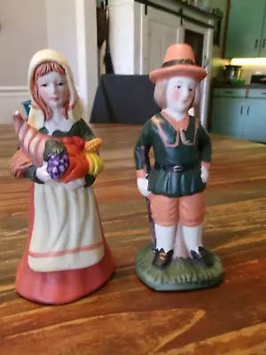 Vintage Hand Painted Ceramic Thanksgiving Pilgrim Man And Woman Figurines 7” • $8.99