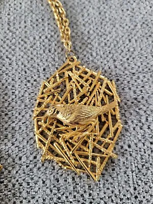 Vintage Large Bird Pendant Necklace Gold Tone Crow Pendant Crow Necklace • $14