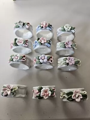 Vintage Set Of 12 Floral Napkin Rings Round Porcelain Flowers With Ribbons  • $12