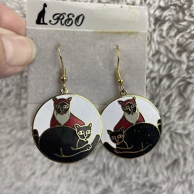 Vintage Cloisonne Cat Earrings Red Black White 1  Round Hook Jewelry Cat Lady • $12.99