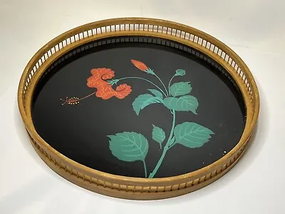 Vintage Hibiscus Flower Round Bamboo Wood Serving Drink Tray BOHO • $24.50