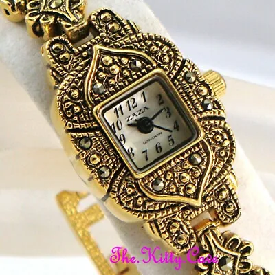 Colonial Arabesque Cutwork Gothic Crosses Gold Plt Marcasite Ladies Dress Watch • $37.34