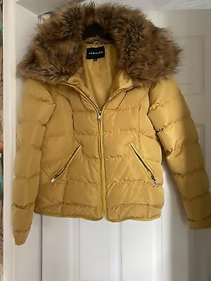 Ladies Parisian Fur Trim Ochre Mustard Yellow Puffer Jacket Coat Size 8 Vguc • £6.99