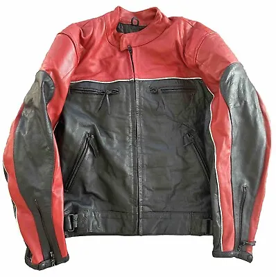 Vtg Black Leather Motorcycle Bike Racing Padded Jacket Coat Cafe Racer Mens L • $139.95