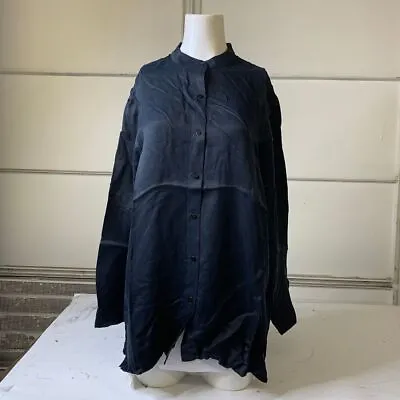 EILEEN FISHER Silk Mandarin Collar Boxy Shirt Women's Size XXS Black • $148.50