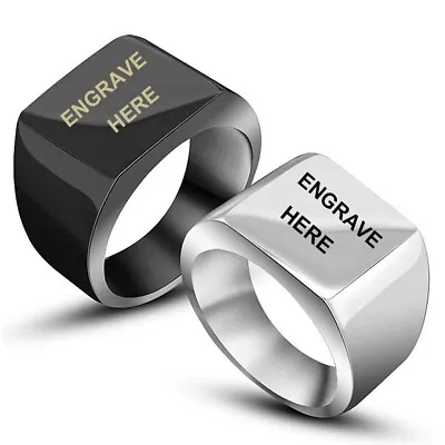 Stainless Steel Flat Square Signet Ring Size 7-12 Black Or Silver-Free Engraving • $14.99