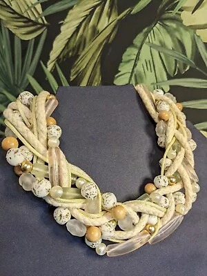 Plaited Bib Necklace White Cream Green Pink Yellow Pastel Bead Rope Cord 46+7cm • £4.25
